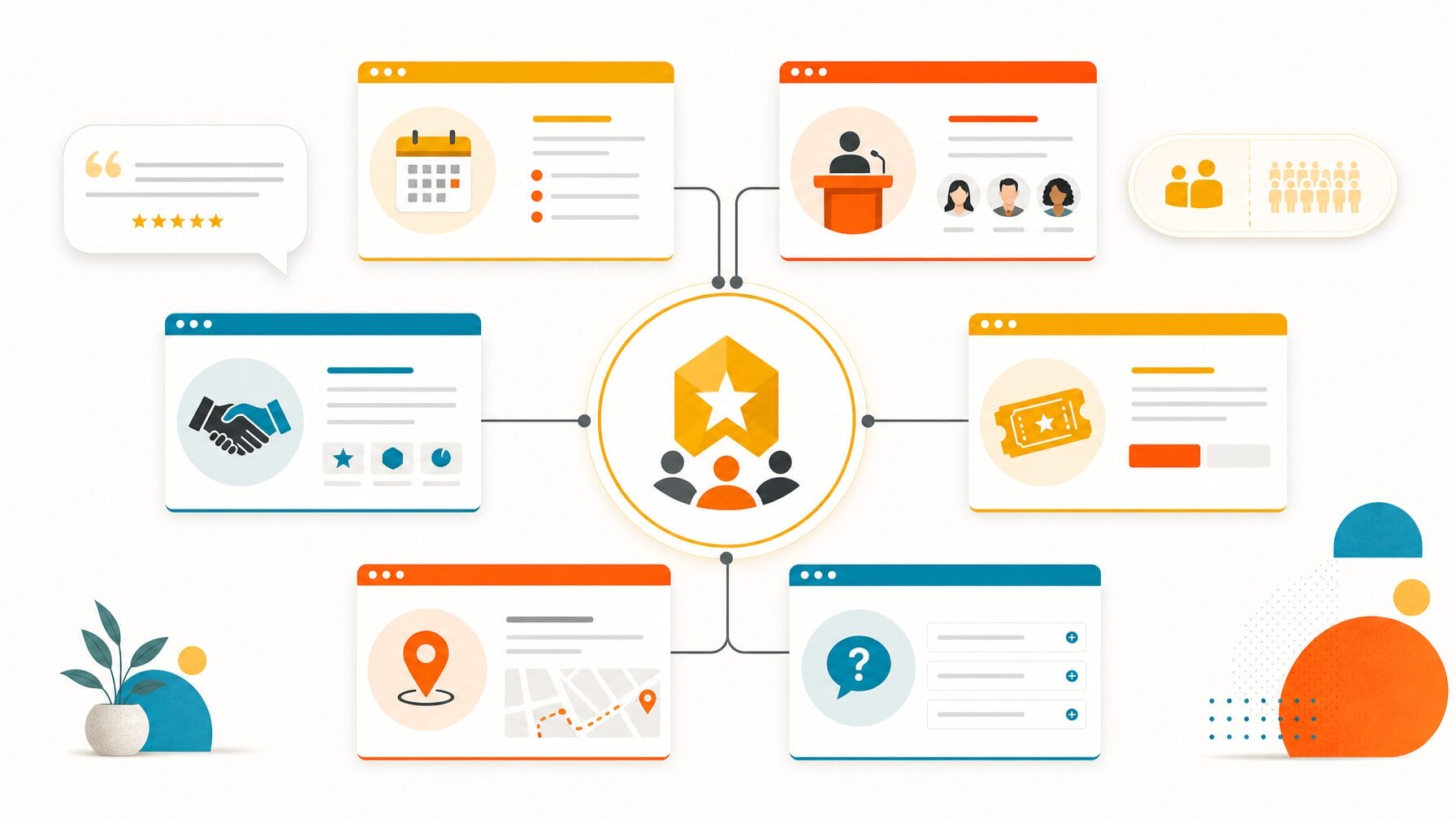 Illustration of a multi-page event website structure with interconnected pages for agenda, speakers, sponsors, tickets, and logistics