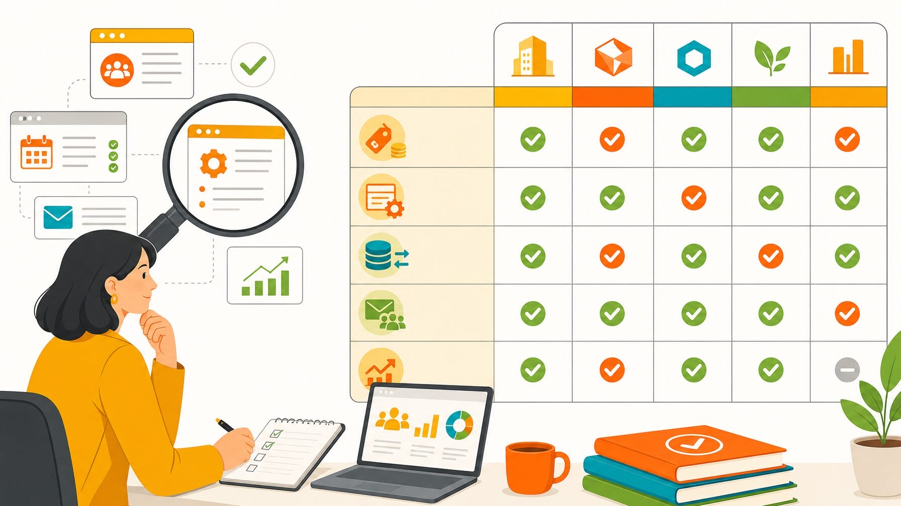 Illustration showing a vendor evaluation framework with key areas to assess: pricing model, registration flexibility, data flow, email segmentation, and scalability