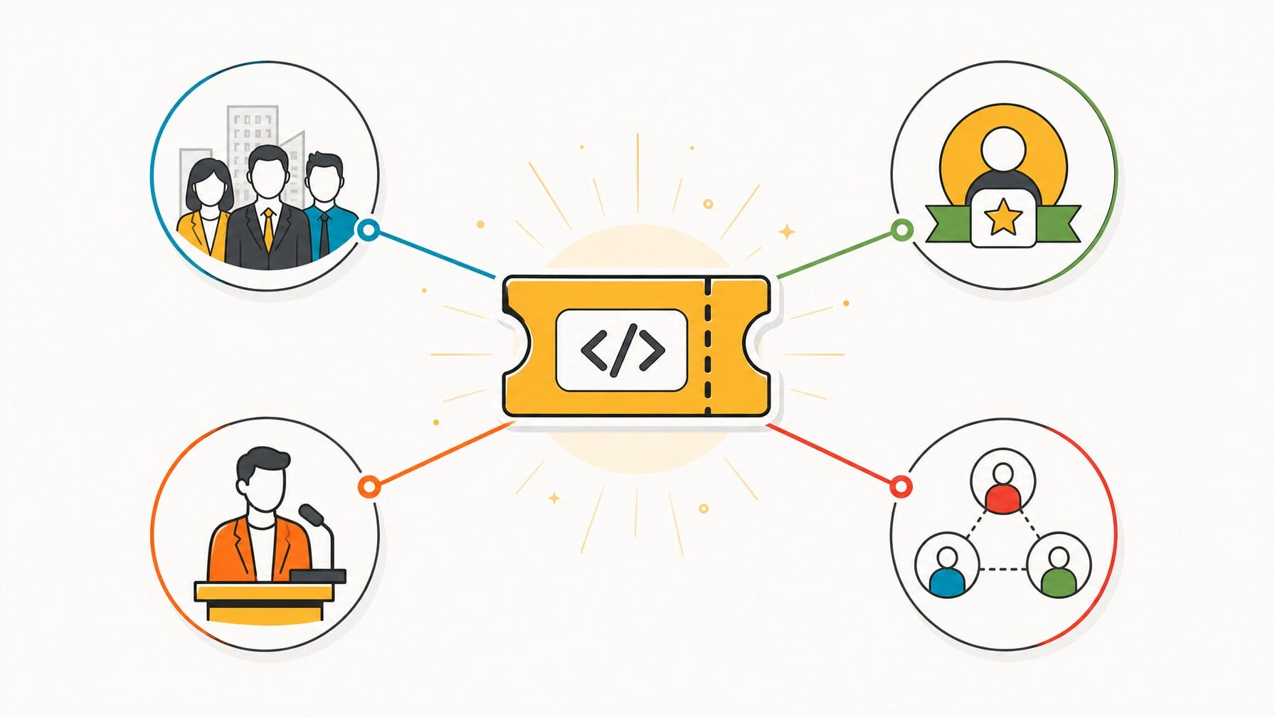 Illustration of promo code distribution radiating from a central ticket to targeted groups including teams, members, speakers, and referral partners