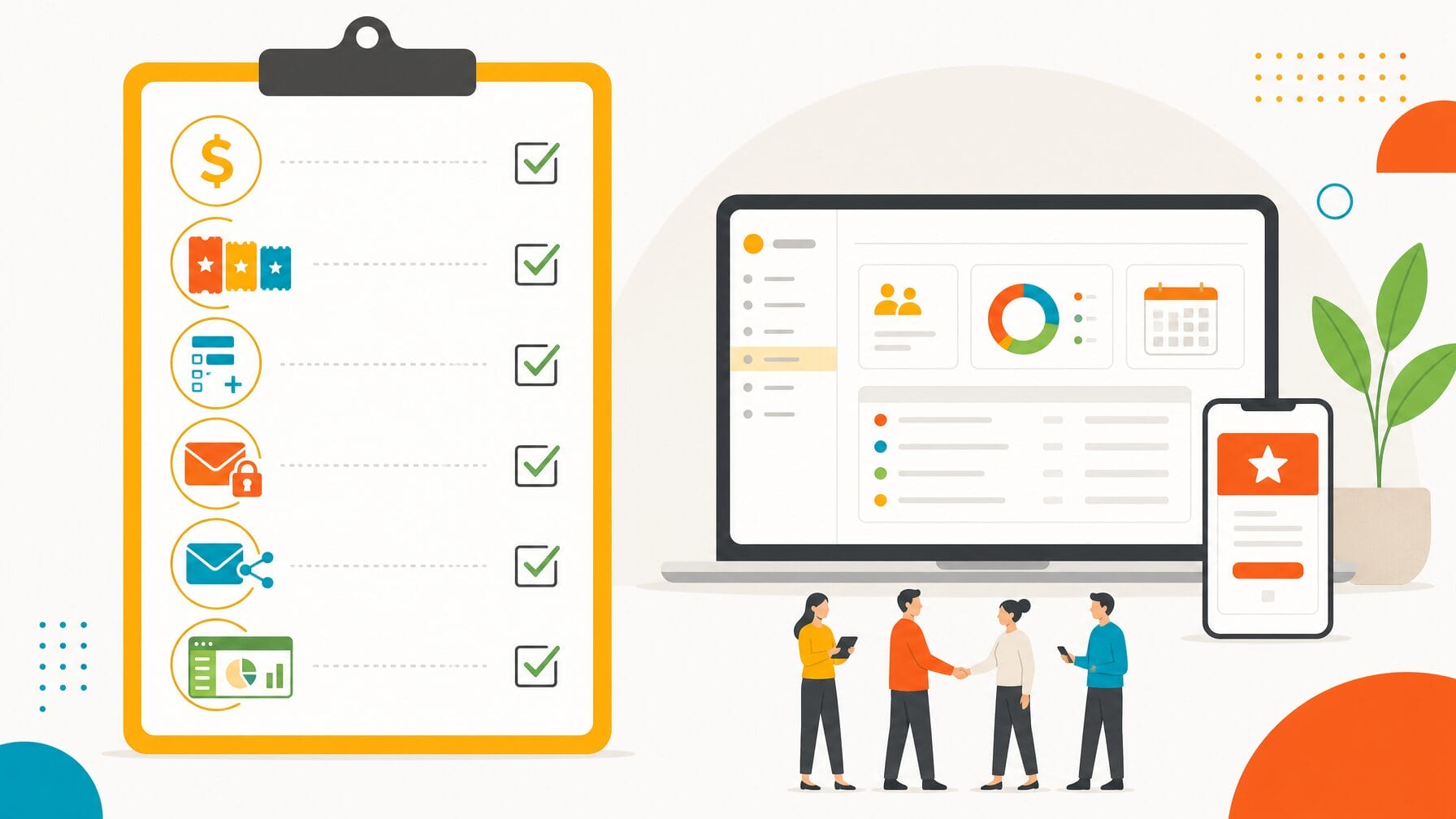 Illustration showing six key capabilities to look for in event registration software: subscription pricing, flexible ticketing, customizable forms, invitation management, integrated email, and a connected platform