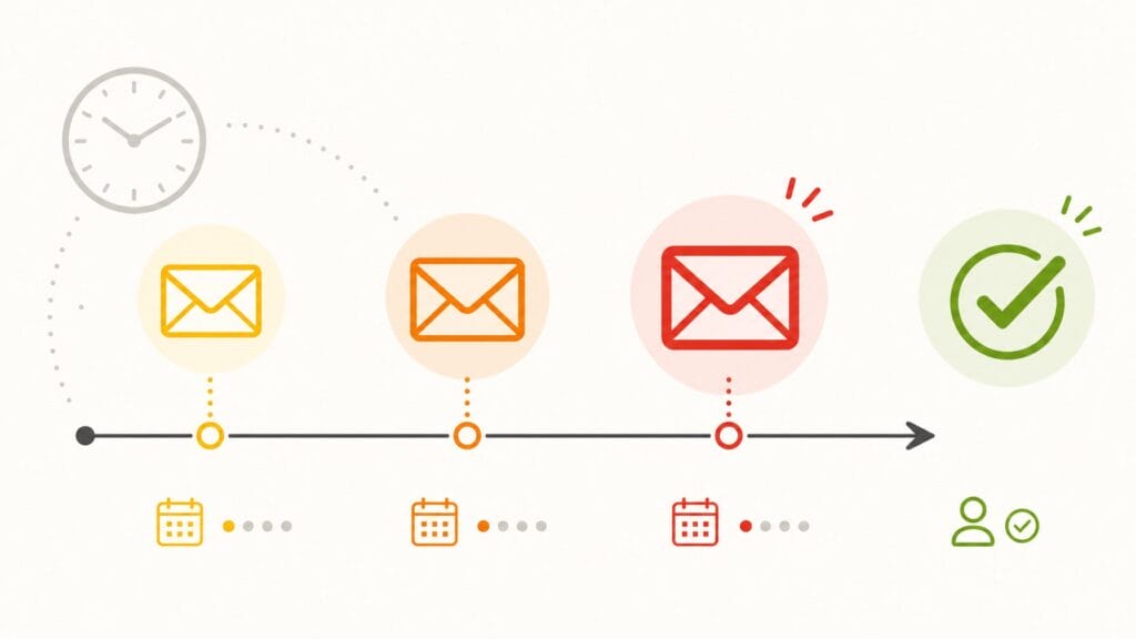 Illustration of a deadline follow-up email sequence timeline counting down from two weeks to 48 hours before registration closes