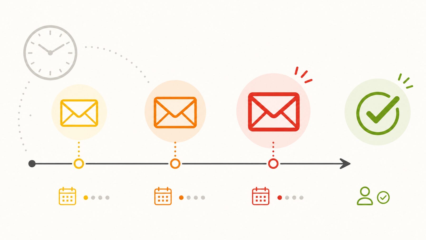 Illustration of a deadline follow-up email sequence timeline counting down from two weeks to 48 hours before registration closes