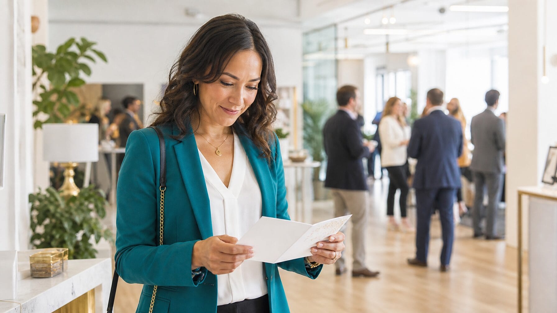 Professional reading a personalized event invitation in a bright modern event space with natural daylight