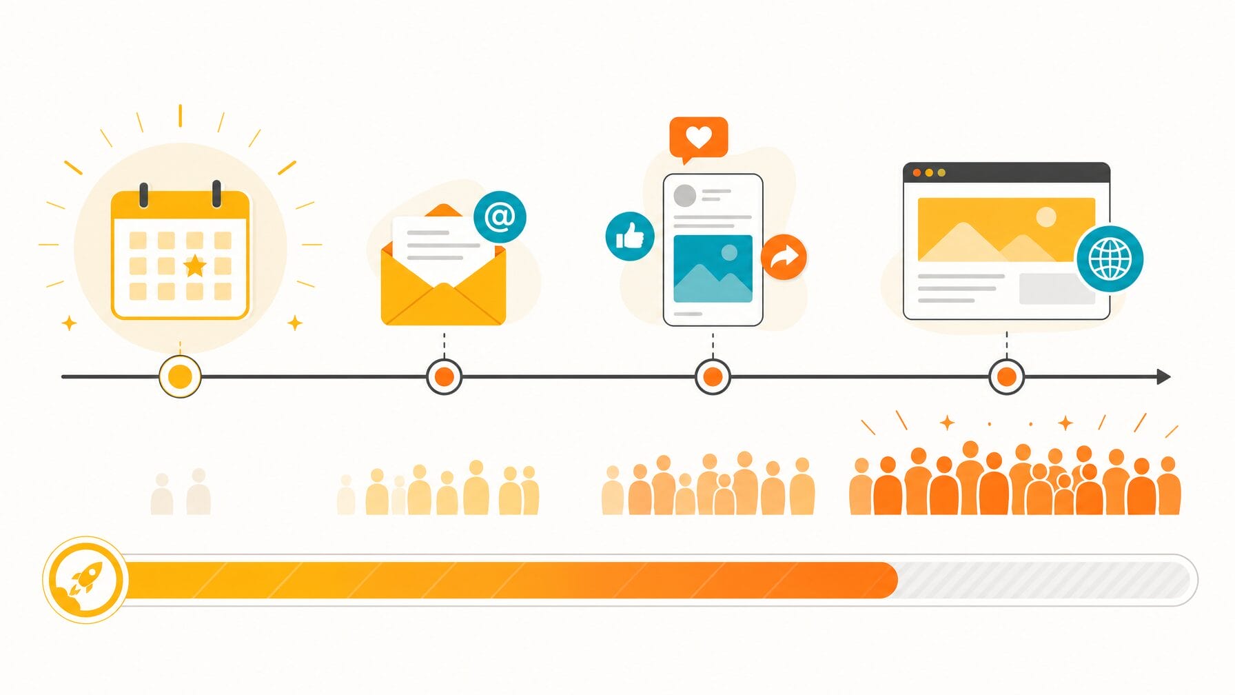 Illustration of an event registration launch timeline showing early promotion across email, social media, and website channels