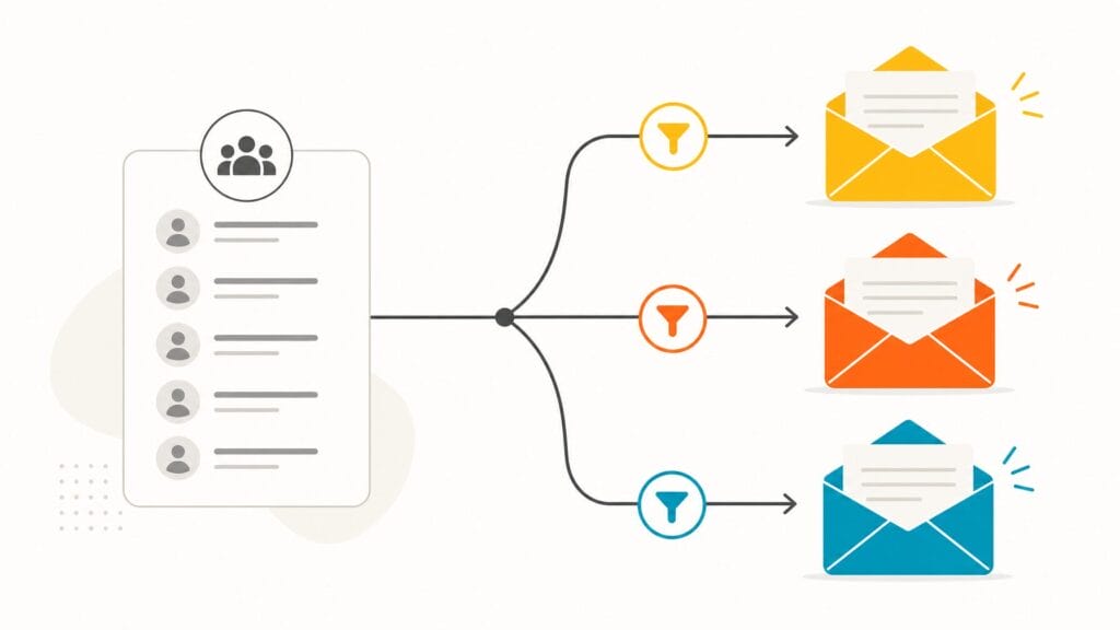 Illustration of email segmentation showing three email streams branching to non-registrants, form abandoners, and confirmed attendees