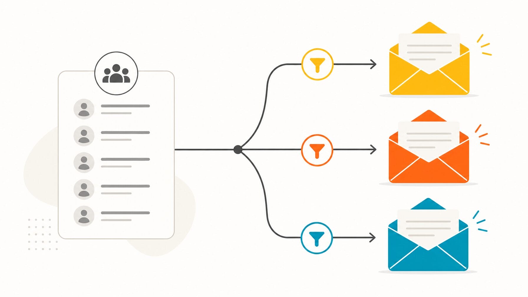 Illustration of email segmentation showing three email streams branching to non-registrants, form abandoners, and confirmed attendees