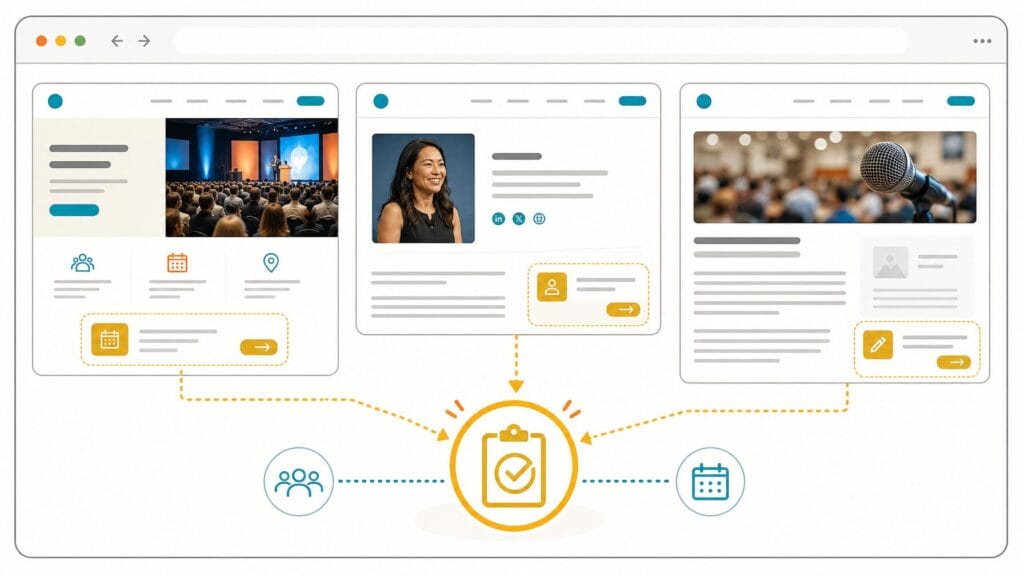 Illustration of registration widgets embedded across multiple website pages including homepage, speaker page, and blog
