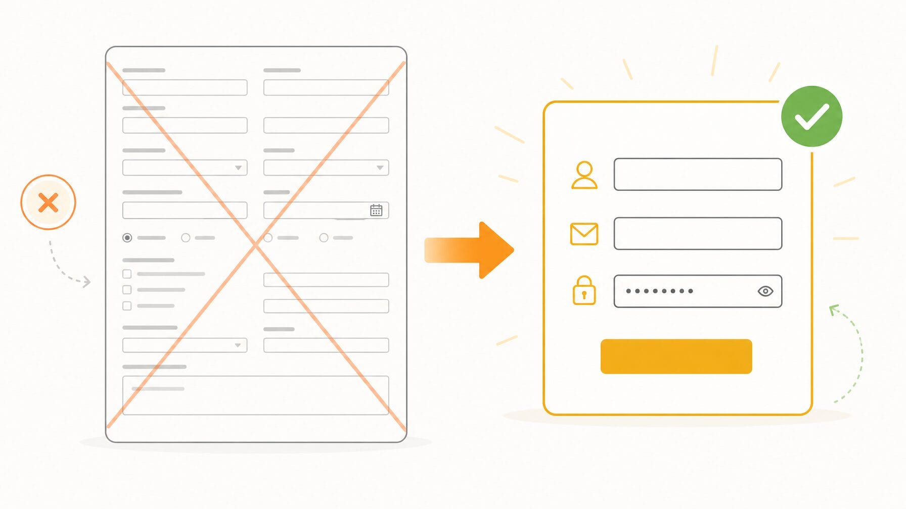 Illustration comparing a long cluttered registration form with a short simplified form, showing the benefit of fewer fields
