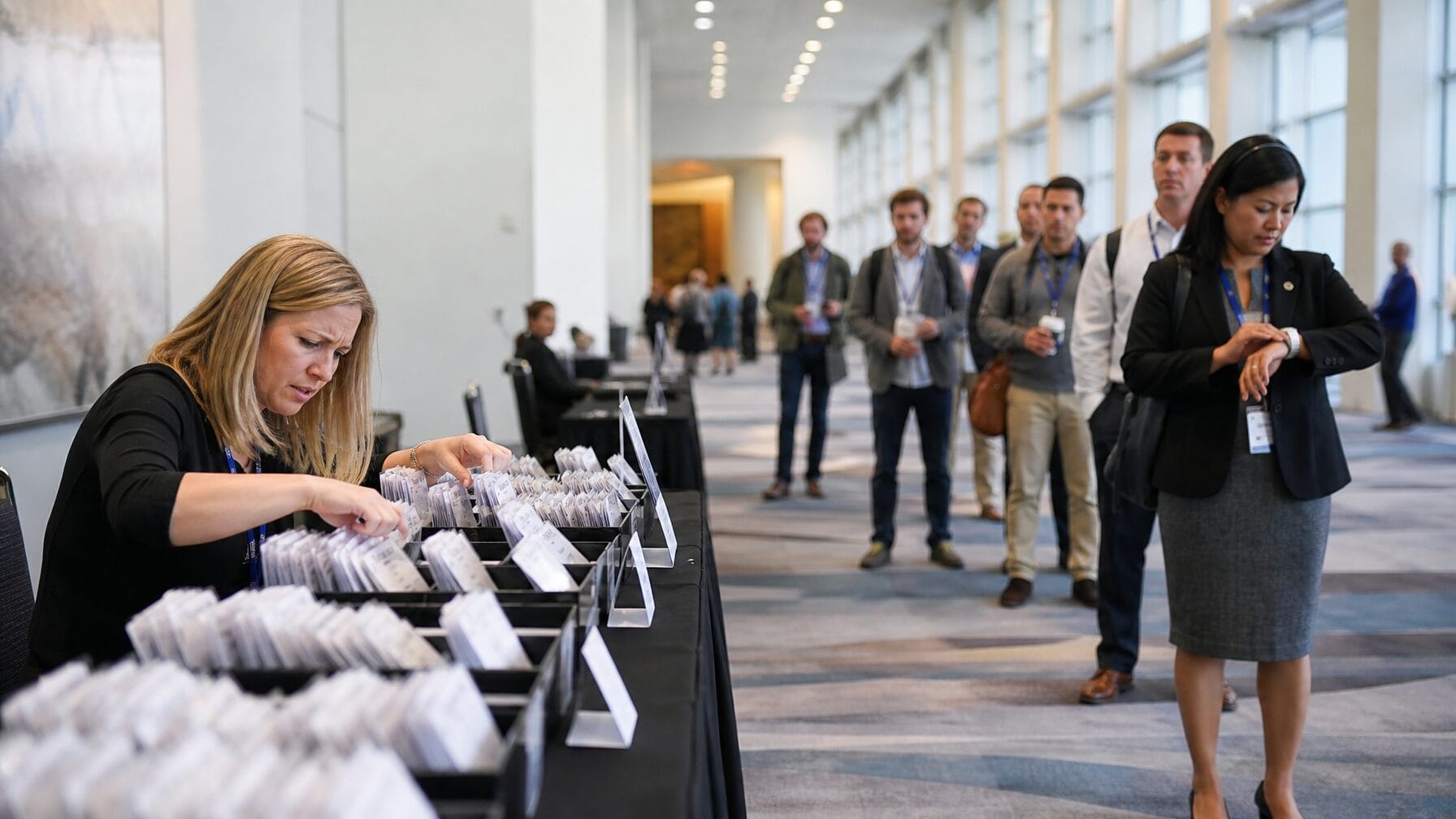 A stressed event volunteer searches through bins of pre-printed name badges at a long registration table while attendees wait in line