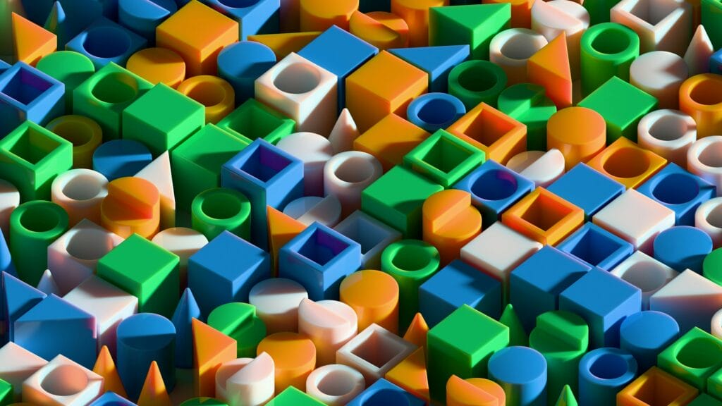 A dense, colorful 3D pattern of assorted geometric shapes like blocks, cylinders, and cones tightly packed together, visually representing a complex, multi-layered schedule or data set.