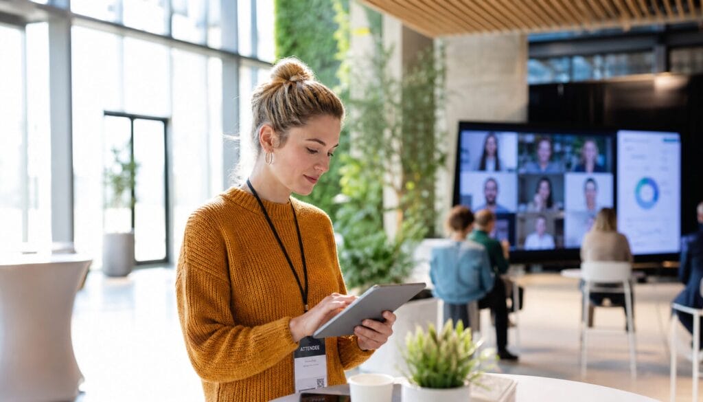 Konferenz-Teilnehmerin mit Tablet in der Hand