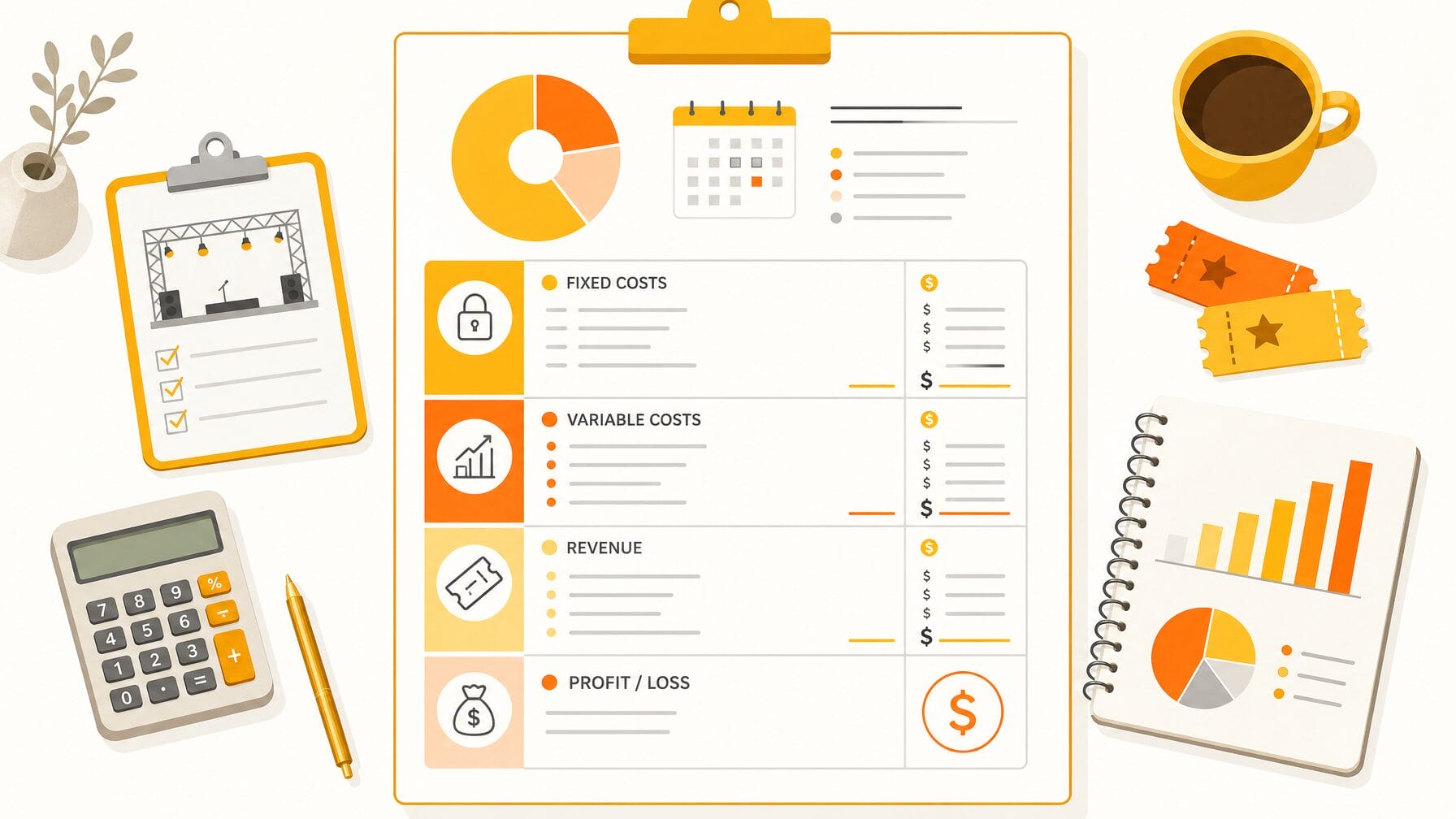 Illustration showing the core components of an event budget including fixed costs, variable costs, revenue, and profit and loss projections