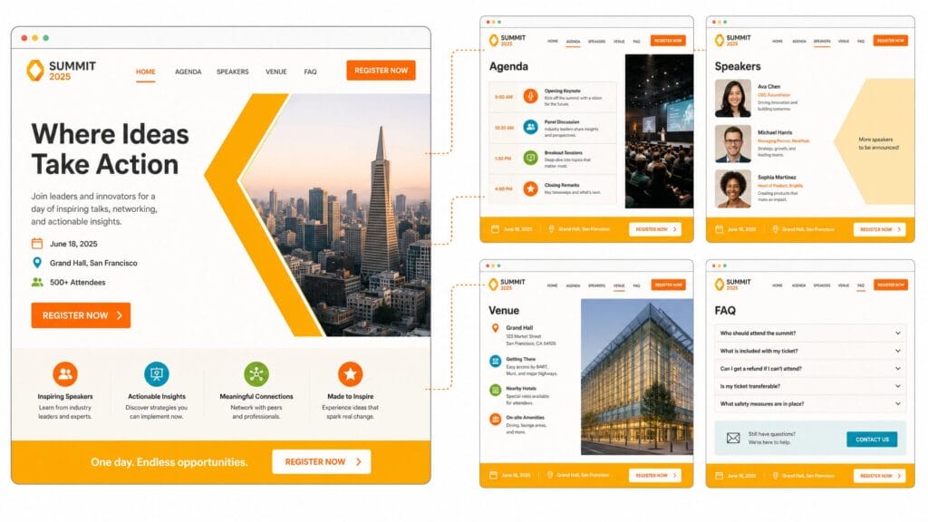 Infographic of a multi-page event website with homepage, agenda, speaker, venue, and FAQ pages, persistent navigation, and a registration call to action on every page