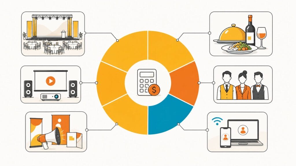Illustration showing event cost categories broken down by venue, food and beverage, audio visual, staffing, marketing, and technology