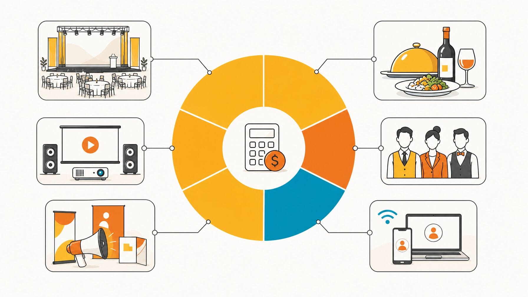 Illustration showing event cost categories broken down by venue, food and beverage, audio visual, staffing, marketing, and technology