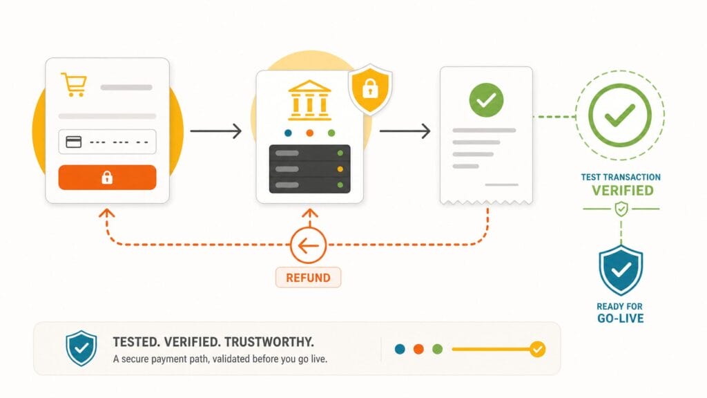 Infographic of a tested payment flow moving from checkout to the connected payment gateway to a confirmation receipt, with a verified test transaction and a refund path routing back through the gateway
