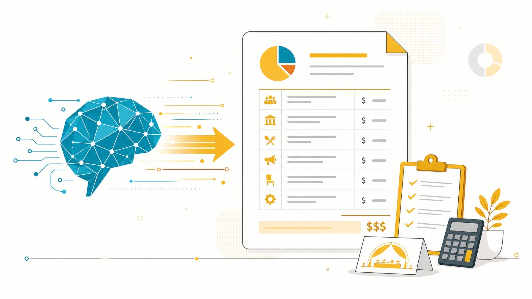 Illustration showing AI generating a structured event budget document with line items and scenarios