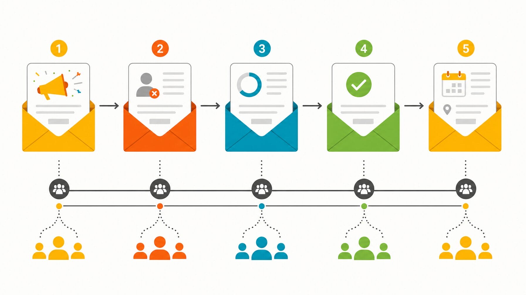 Infographic timeline of segmented event emails: invitation, reminder to non-registrants, nudge to incomplete registrants, confirmation, and pre-event logistics, each routed to the right audience segment