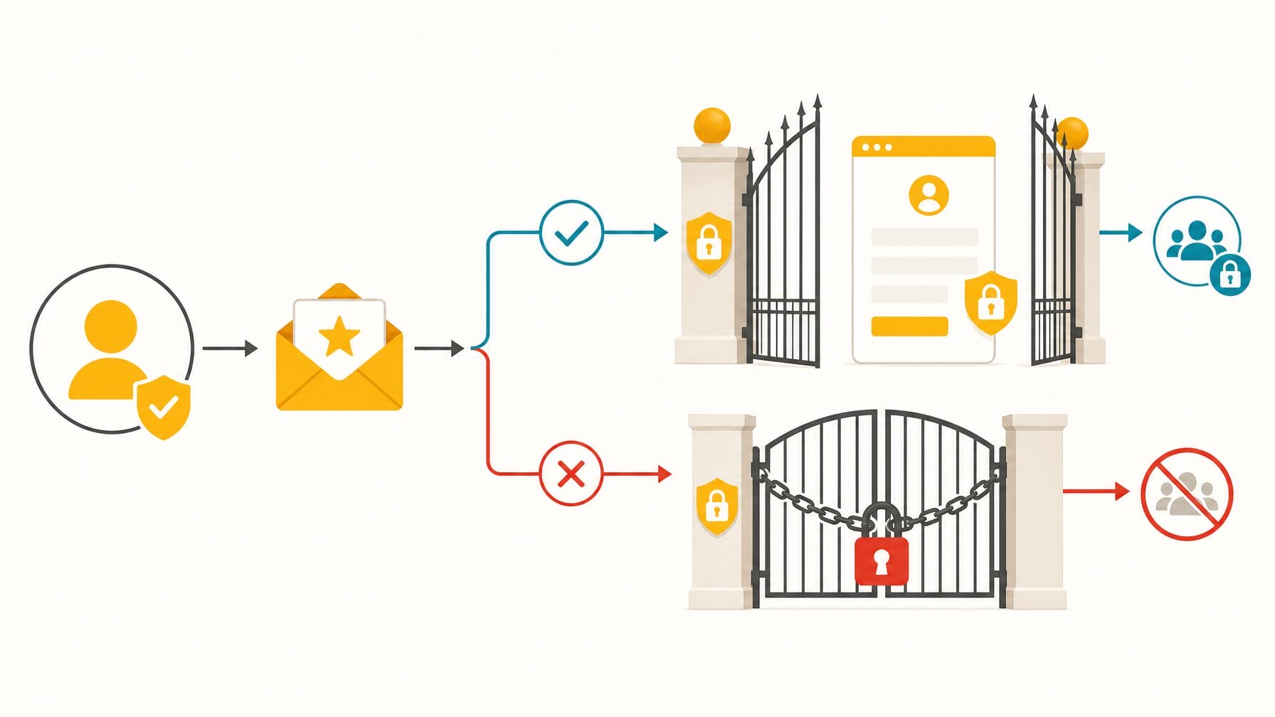 Infographic of an RSVP access flow: an invitation is sent, the accept path unlocks a private registration form, and the decline path blocks access, with a lock motif marking private versus public access