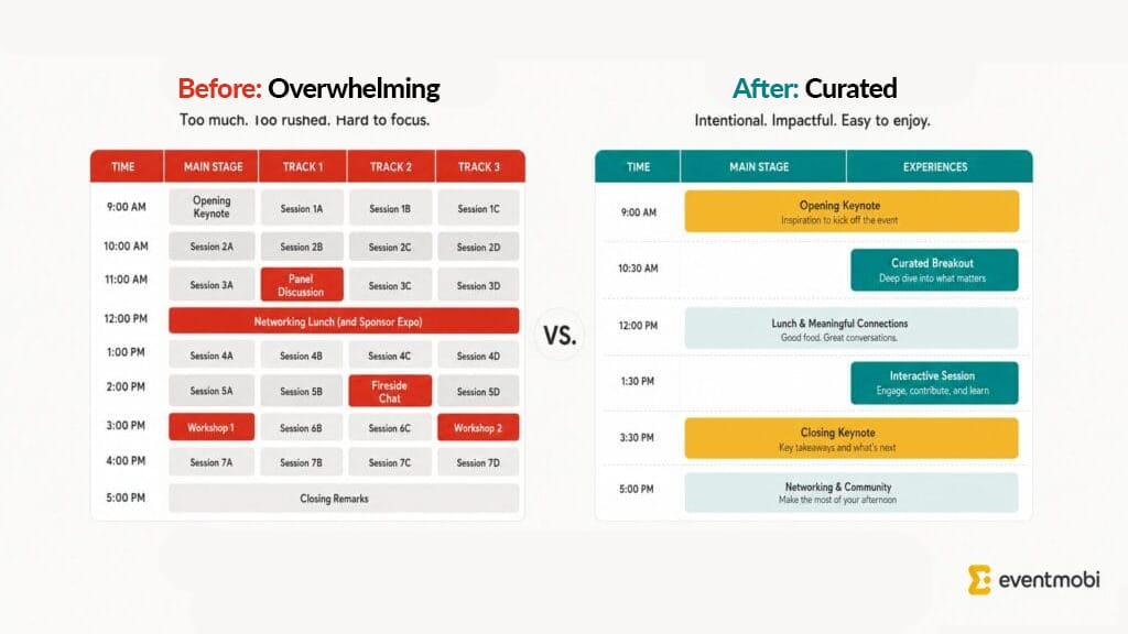 Flat illustration comparing an overpacked schedule with a curated one that has open time