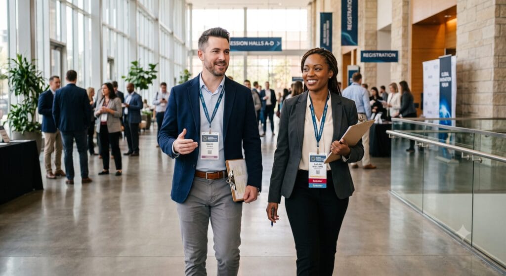 Two smiling event professionals in business attire walking and conversing in a bright, modern convention center foyer, both carrying clipboards and wearing event badges.
