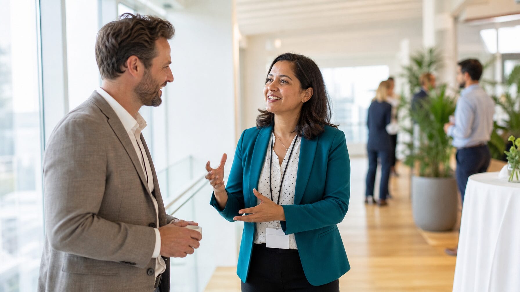 Two event professionals having an animated conversation at a modern conference venue