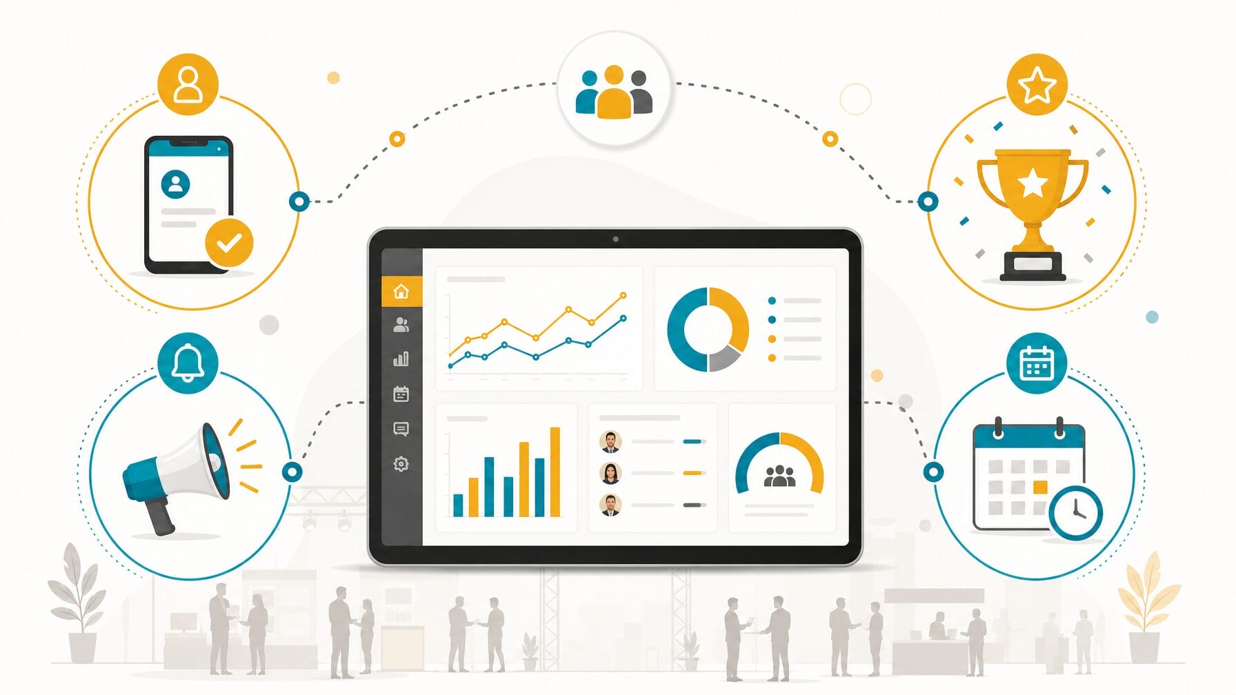 Event technology platform with connected features for sponsor engagement: analytics dashboards, lead capture, push notifications, and gamification