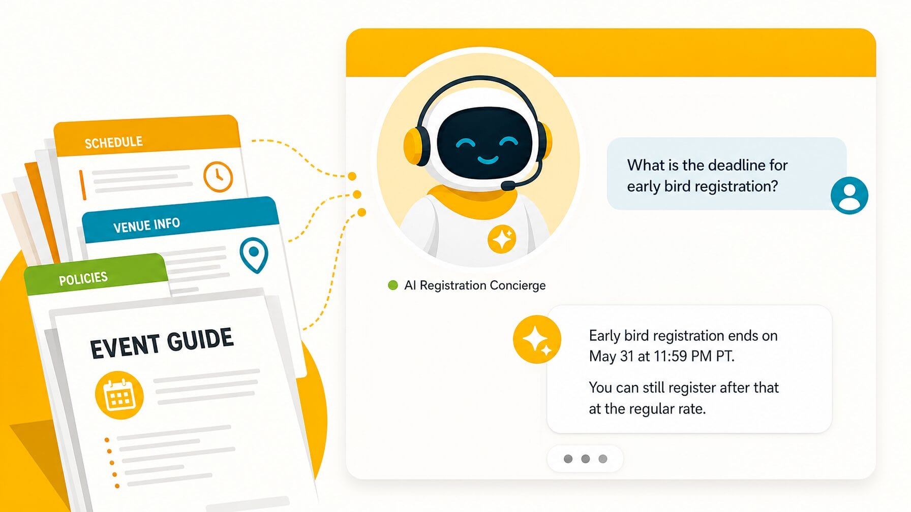 Illustration of an AI registration concierge reading event documents and answering an attendee question in a chat panel