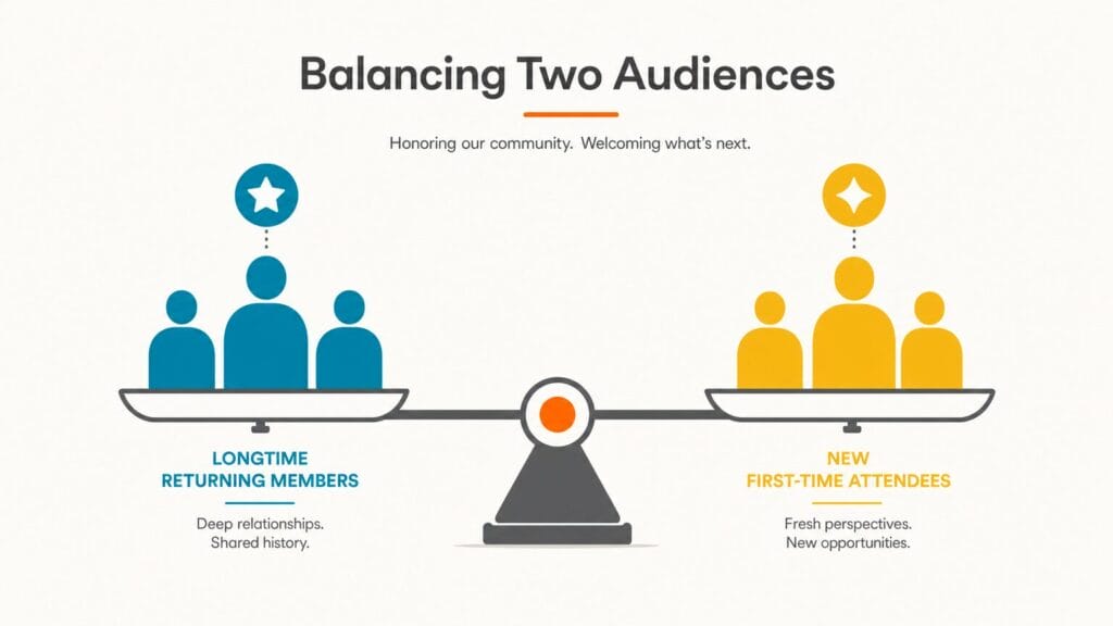 Flat illustration balancing longtime members and new attendees on a level scale