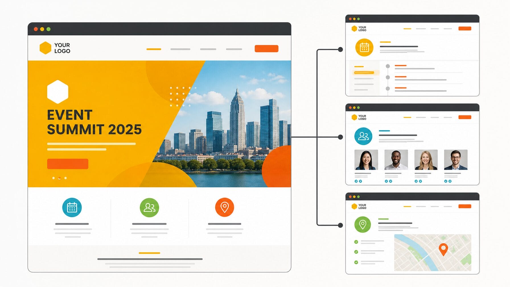 Illustration of a multi-page event website with a homepage linked to agenda, speakers, and venue pages