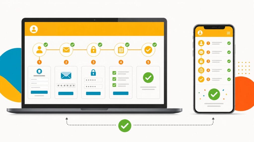 Illustration of an end-to-end registration test sequence with green verification checkmarks validated across desktop and mobile
