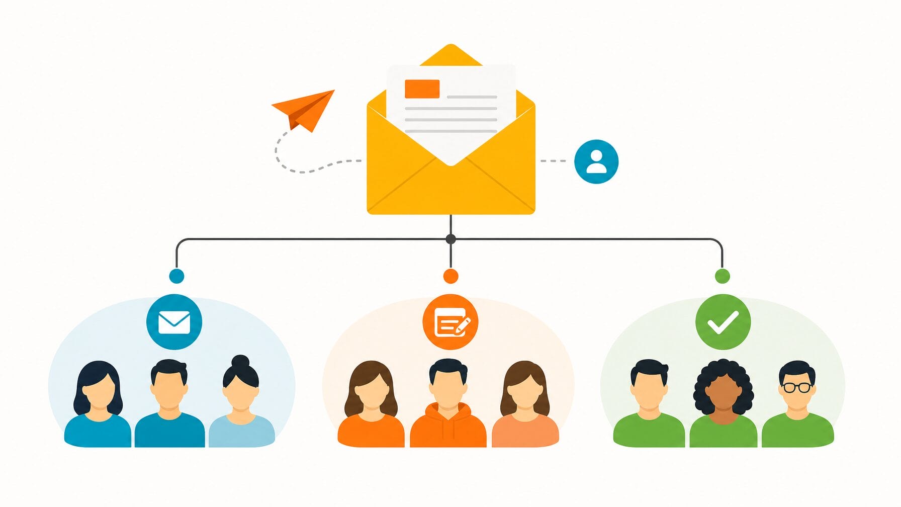 Illustration of an email communications hub segmenting recipients into invited, started, and completed registration groups