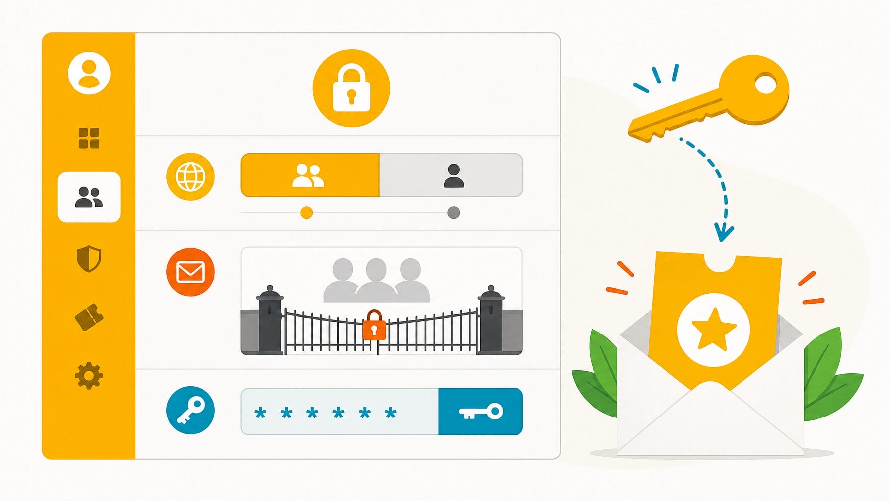 Illustration of registration access settings with a public and private toggle, a gate for invited guests, and a promo code revealing a hidden ticket