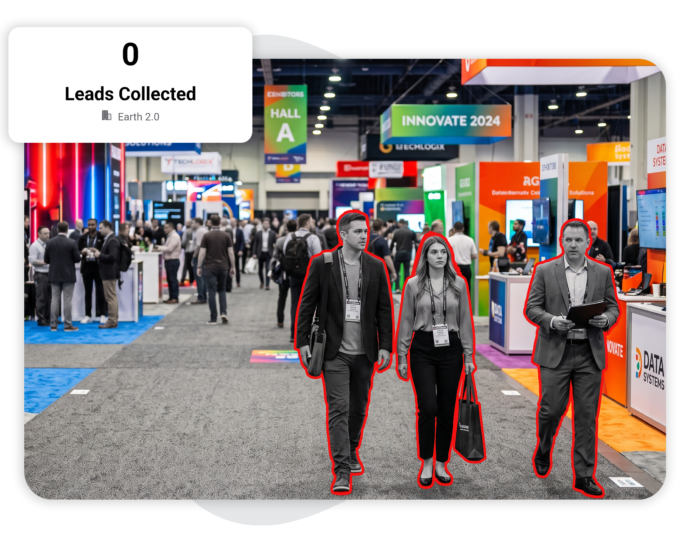 A crowded trade show hall with attendees walking down an aisle, three of whom are highlighted with red outlines, overlaid with a pop-up widget displaying "0 Leads Collected."