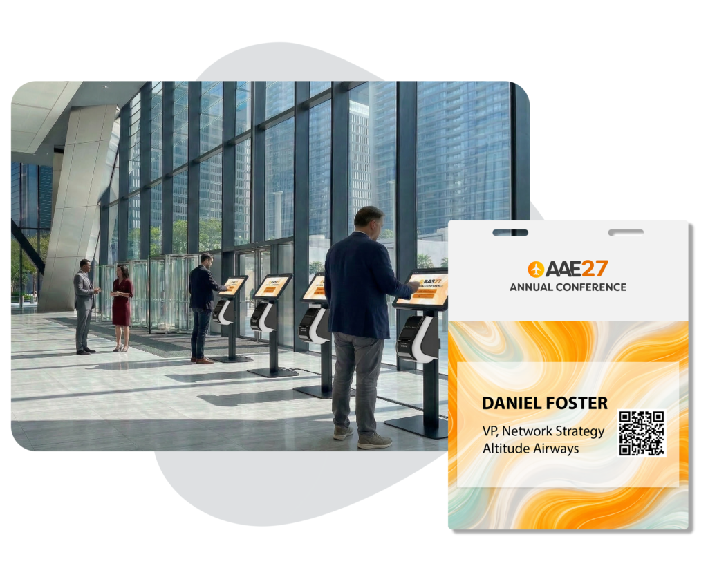 Teilnehmer beim Event-Check-in mit BadgeON™ von EventMobi, um Event-Badges direkt vor Ort zu drucken.