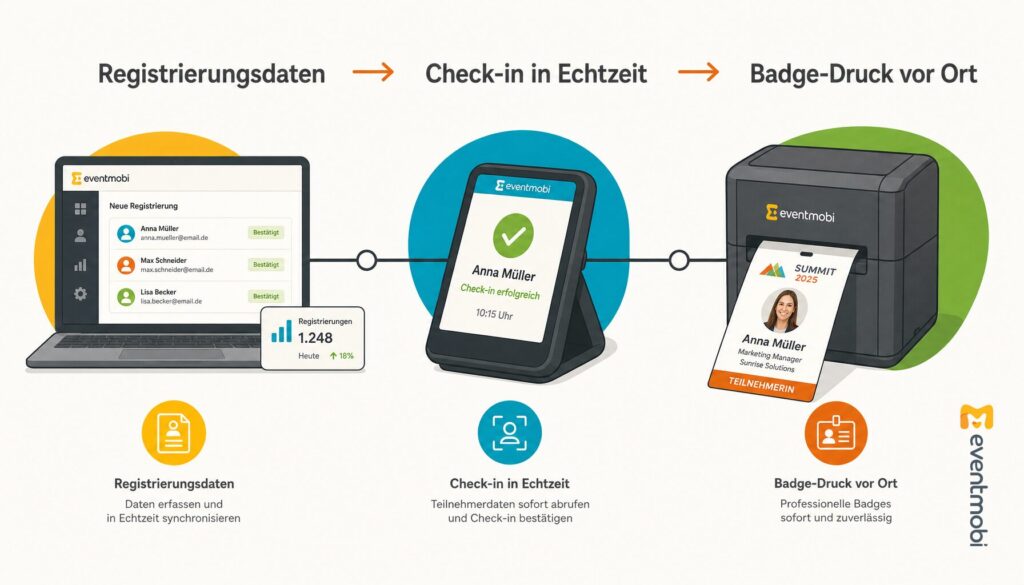 EventMobi BadgeON™ Workflow: Registrierungsdaten – Check-in in Echtzeit – Badge-Druck vor Ort