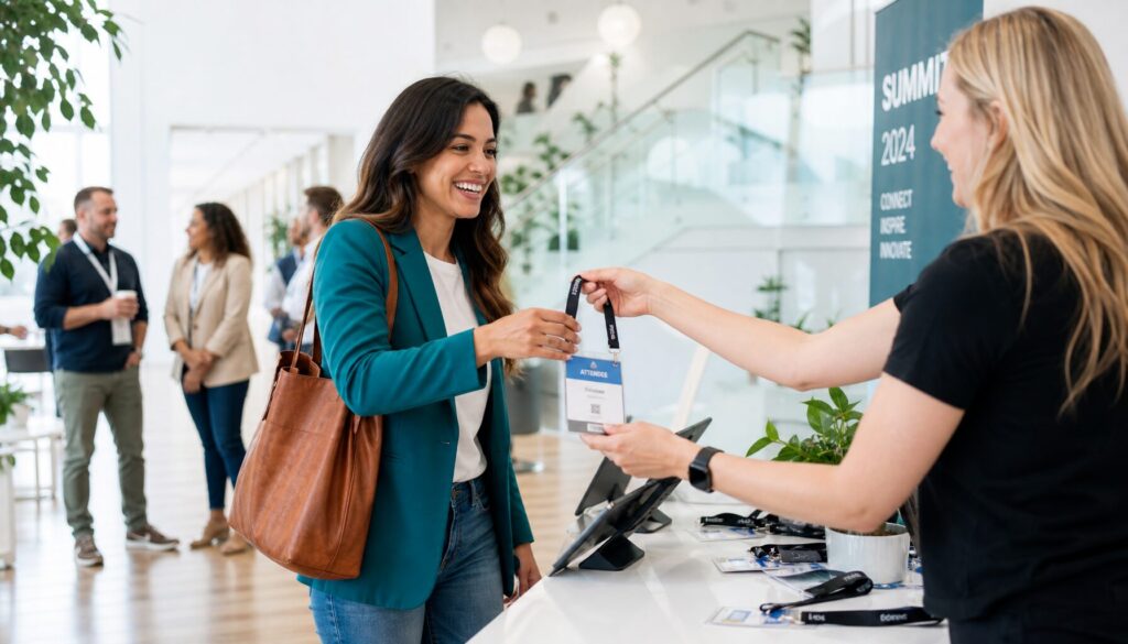 Besucherin erhält am hellen Check-in-Bereich ihr Badge am Lanyard