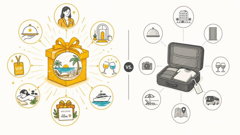 Editorial illustration contrasting an exclusive, personalized incentive reward experience with an ordinary trip