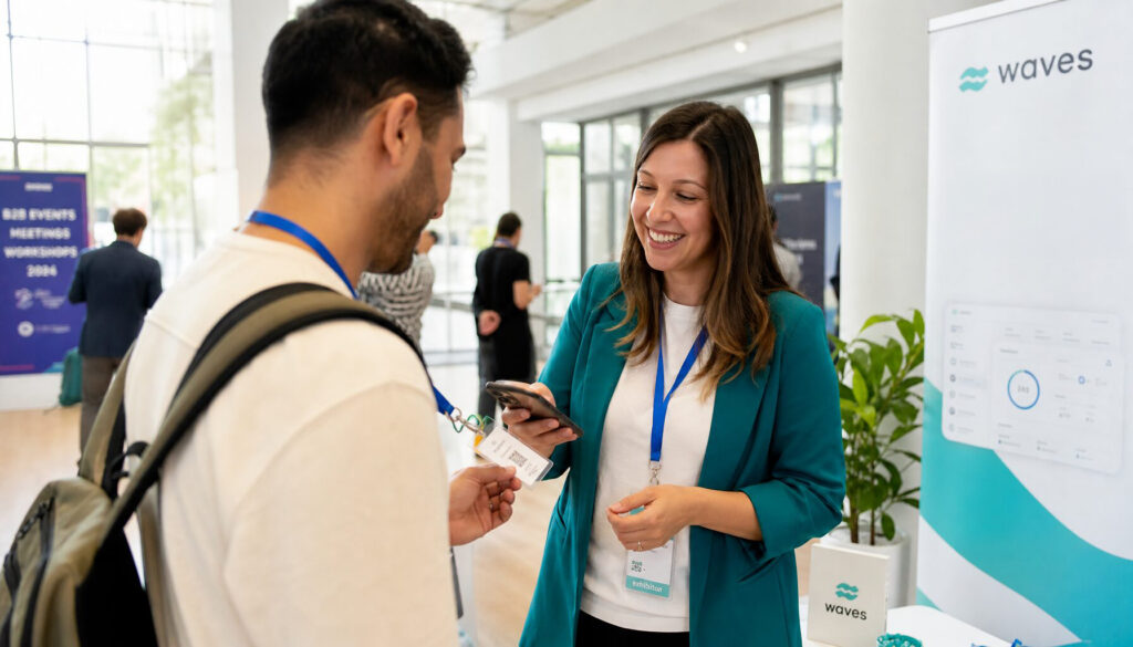 Exhibitor at a bright modern booth scanning an attendee's badge mid-conversation.