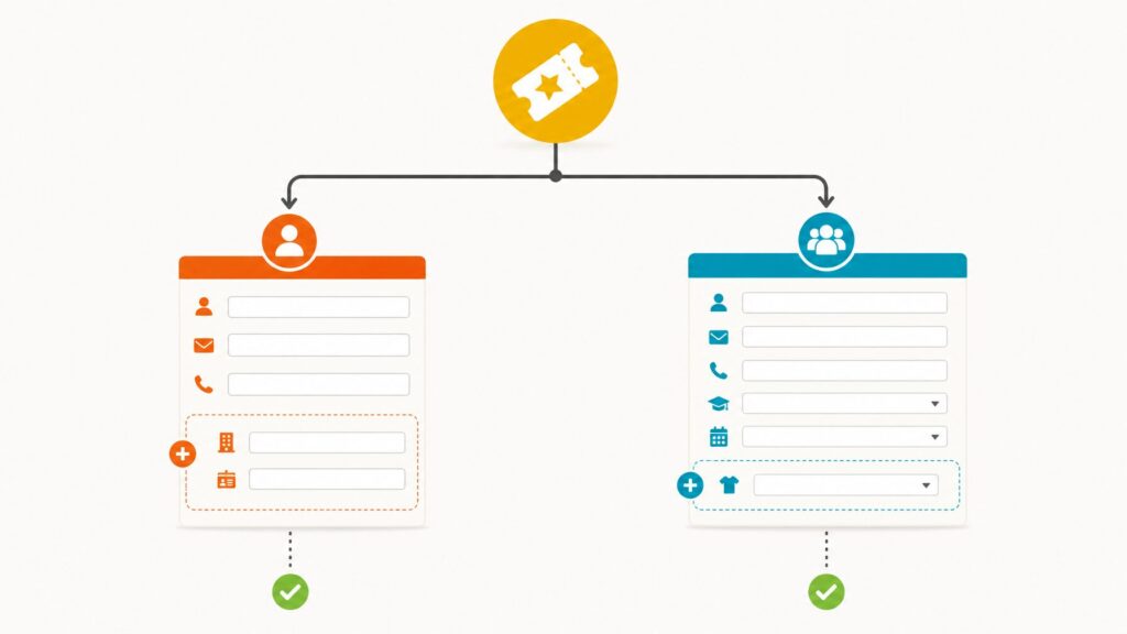 Illustration of an if/then decision flow where a ticket selection reveals different registration form fields