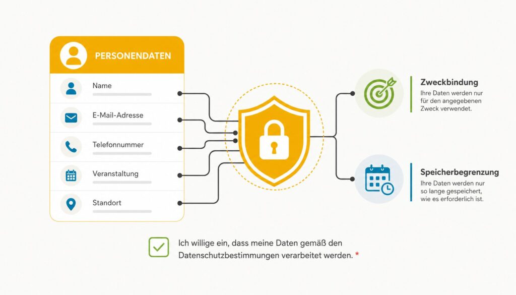Infografik: Messe-Badge mit Datenschutz-Schild und DSGVO-Grundsätzen