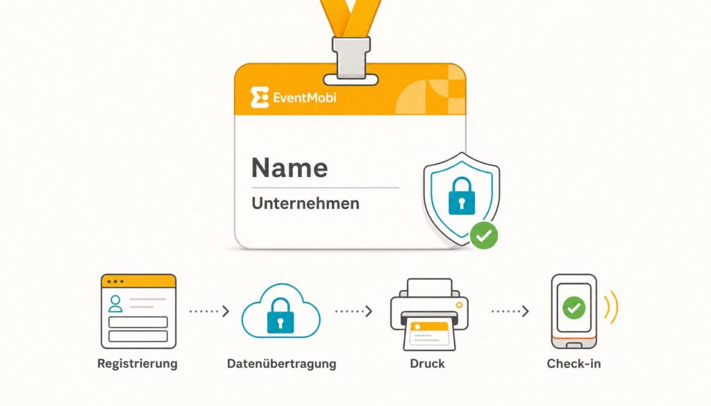 Grafik: Informationen auf einem Event-Badge mit den damit zusammenhängenden Prozessen Registrierung, Datenübertragung, Druck und Check-in