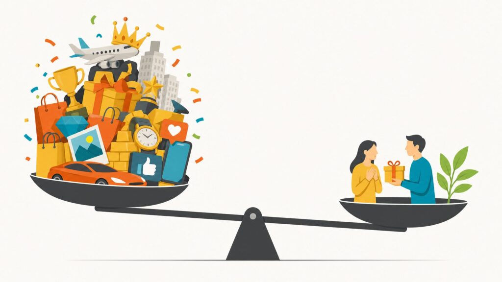 Editorial illustration balancing a pile of excess luxury and spectacle against a single thoughtful, intentional recognition moment