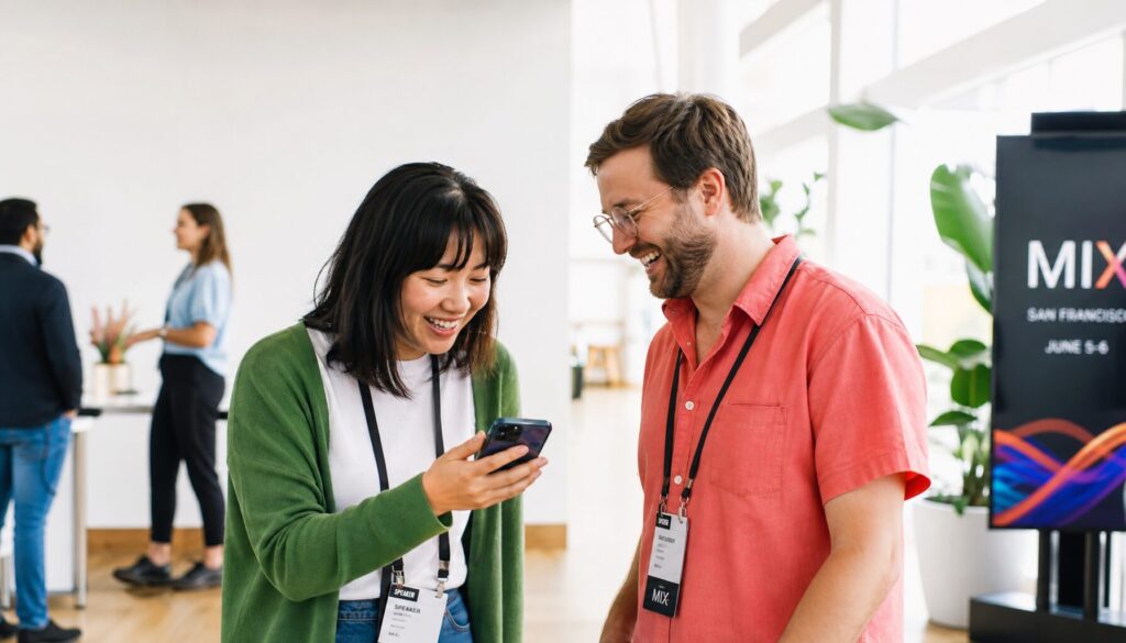 Two attendees connecting and laughing at a bright event, one holding a phone with the event app open