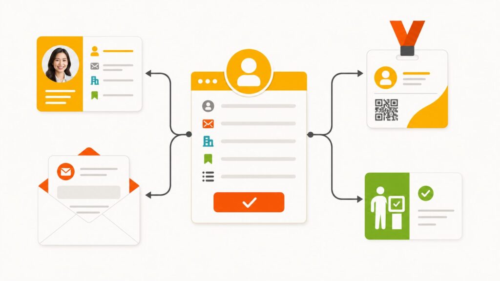 Illustration of a central registration form with data flowing into attendee profiles, badges, email, and onsite check-in