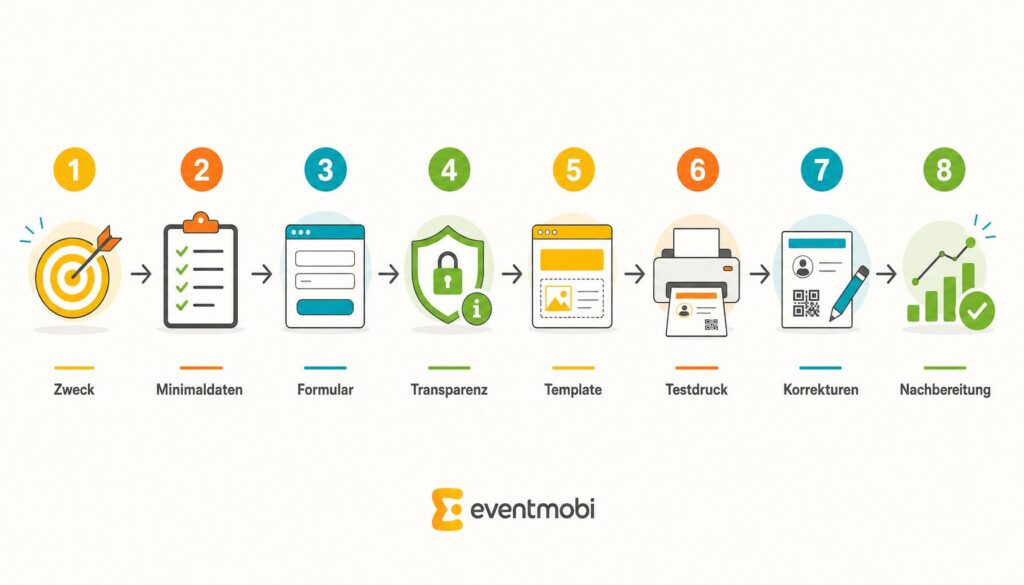Infografik: Acht Schritte vom Registrierungsformular bis zur datensparsamen Badge-Nachbereitung