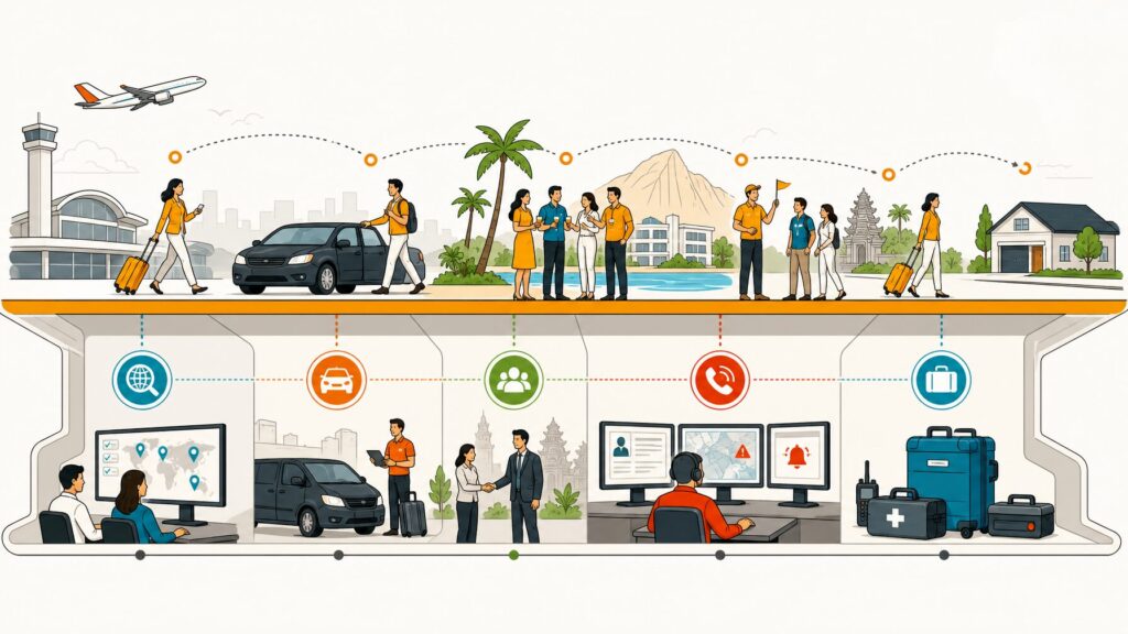 Editorial illustration of a seamless traveler journey on the surface with an invisible behind-the-scenes duty-of-care safety layer beneath