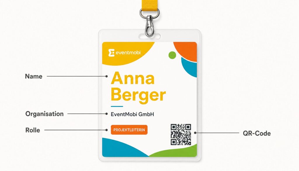 Beschriftetes Event-Badge mit Name, Organisation, Rolle und QR-Code
