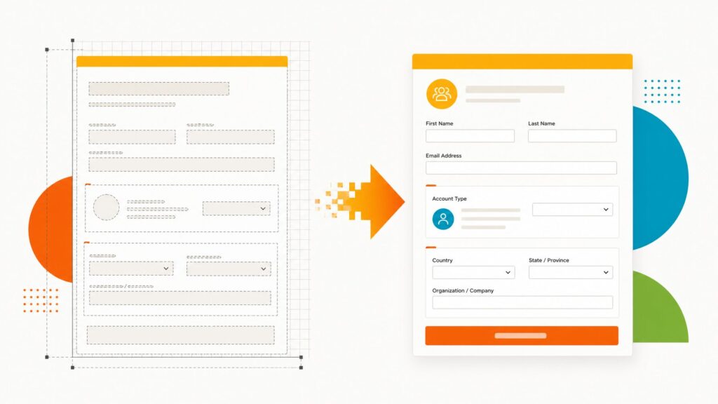 Illustration of a pre-built registration form template blueprint being customized into a finished form