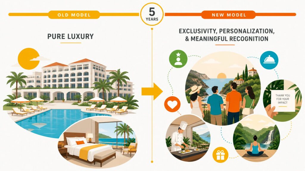 Editorial illustration showing how incentive trips shifted from pure luxury to exclusivity and personalization over five years